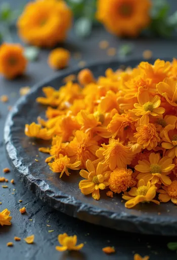 עלי כותרת טריים של קלנדולה על צלחת לבנה לשימוש קולינרי