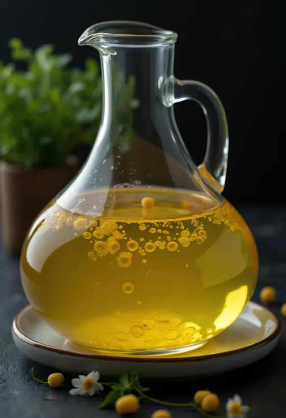 שמן תירס בקערית, ליד גרגירי תירס ונבט תירס