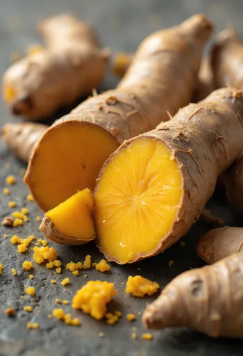 אבקת כורכום בקערה ושורש כורכום טרי על משטח עץ