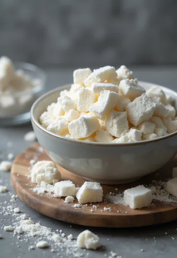 אבקת עמילן קוזו בקערת קרמיקה וכף עץ, לצד פרוסות שורש