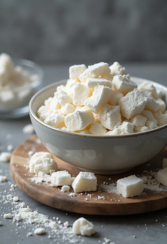 אבקת עמילן קוזו בקערת קרמיקה וכף עץ, לצד פרוסות שורש