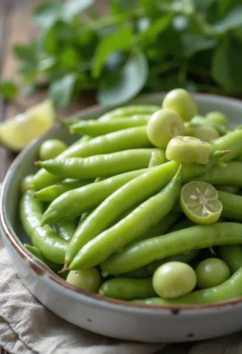 תרמילי פול טריים ופול מחולץ על משטח כפרי