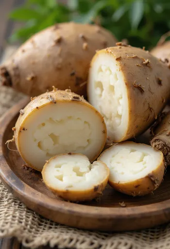 שורש מלנגה (יאוטיה) גולמי עם קליפה חומה ופנים בהיר