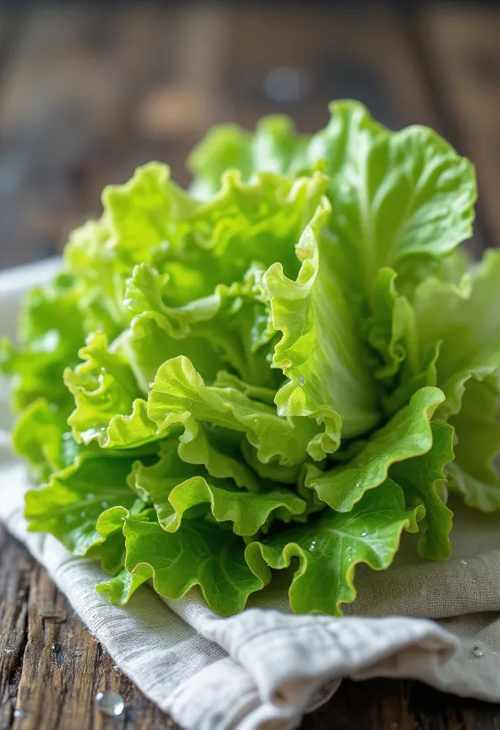 חסת בטביה טרייה עם עלים מסולסלים וירוקים-אדמדמים על קרש חיתוך