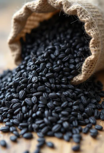 גרגירי אורז שחור בצנצנת זכוכית לצד אורז גולמי בתפזורת