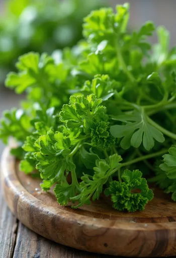 צרור פטרוזיליה מסולסלת רעננה ושטופה על קרש חיתוך