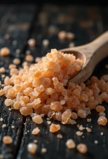 גבישי מלח מעושן בצבע ענברי בצלוחית חרס