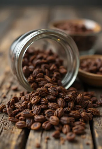 גרגרי שיפון קלויים בגוון כהה על משטח עץ