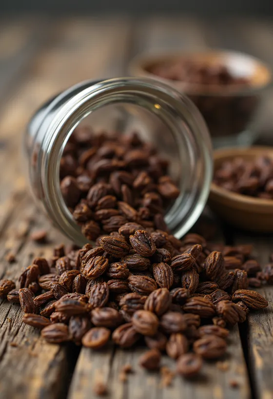 גרגרי שיפון קלויים בגוון כהה על משטח עץ