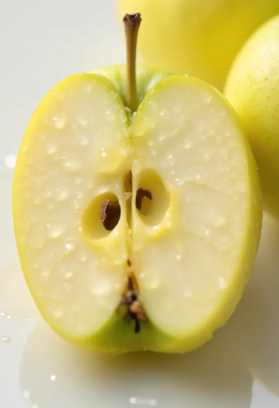 תפוחי גולדן דלישס צהובים וטריים, שלמים ופרוסים על קרש חיתוך
