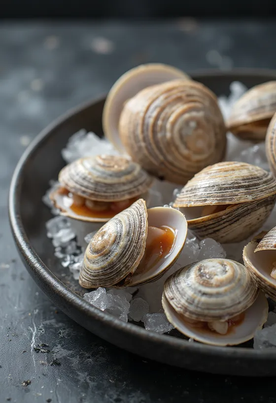 צדפות צ'ריסטון טריות פתוחות על הקרח