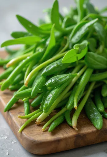 עלי שום בר טריים וירוקים על קרש חיתוך