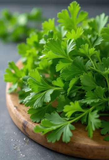 פטרוזיליה טרייה וירוקה מסודרת על קרש חיתוך