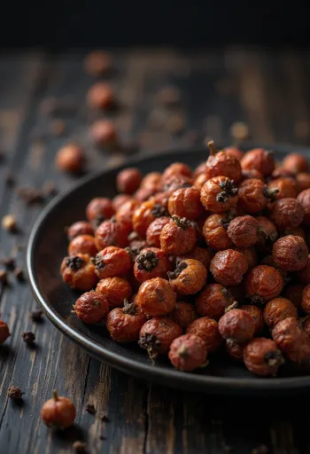 גרגרי פלפל סצ'ואן אדמדמים-חומים על משטח עץ