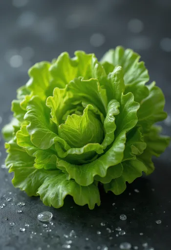 חסה עלי אלון ירוקה טרייה עם עלים גליים על משטח עץ