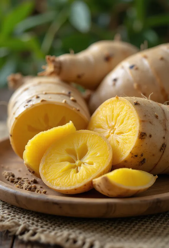 שורשי ארקצ'ה טריים פרוסים על משטח עץ