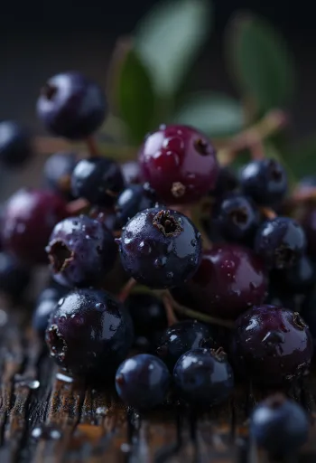 אשכולות גרגרי סמבוק שחור בשלים בגוון סגול עמוק