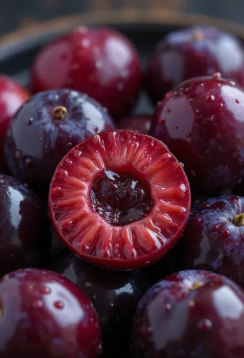 פלח שזיף דובדבן אדום, בשר פרי אדום עז מקרוב, מדגיש את המרקם העסיסי