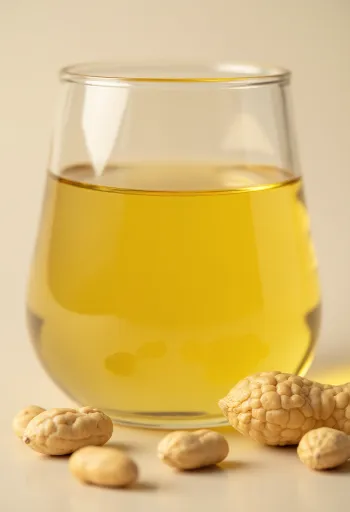 שמן בוטנים בבקבוק ובקערה על רקע בהיר