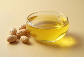 שמן בוטנים בבקבוק ובקערה על רקע בהיר