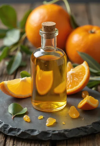 בקבוקון שמן תפוז לצד פלחי תפוז טריים וקליפה