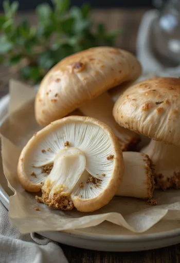 פטריות פורצ'יני קיץ פרוסות עם עשבי תיבול ושמן זית על קרש עץ