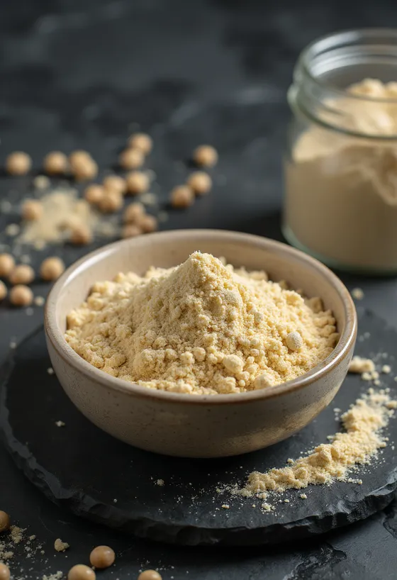 אבקת חלבון אפונה בצבע בז' בקערה לצד אפונה צהובה יבשה