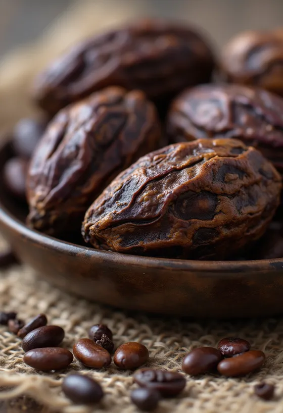 פולי קקאו נא לא מותסס עם תרמילי קקאו טבעיים