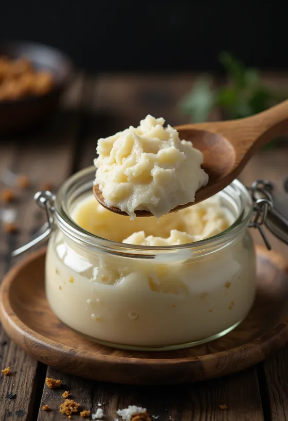 שומן ברווז גולמי בקערת זכוכית, לצד נתחי שומן נקיים