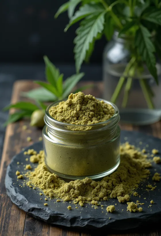 אבקת חלבון המפ נא בקערה לצד זרעי המפ