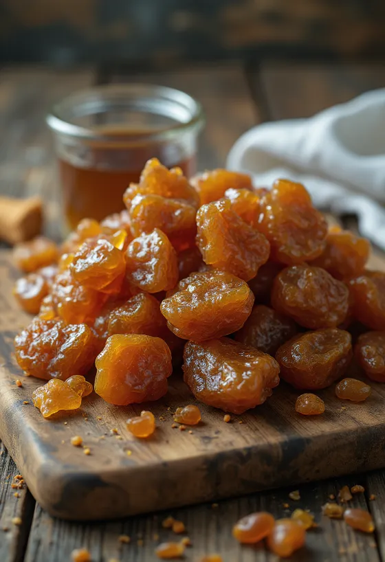 גושי פרופוליס גולמי על משטח עץ במראה טבעי