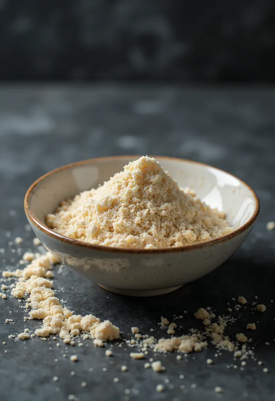 אבקת חלבון אורז נא בגוון בז' בקערה לצד אורז מלא