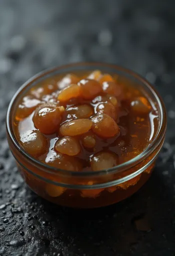 רוטב צדפות בקערת קרמיקה, לצד תמצית צדפות, סויה וסוכר