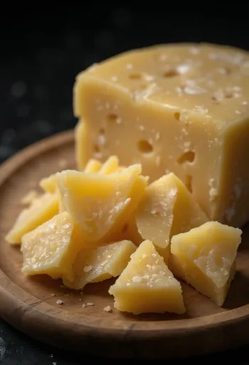 גבינת פרמזן איכותית, נתחים וגרידה על קרש עץ