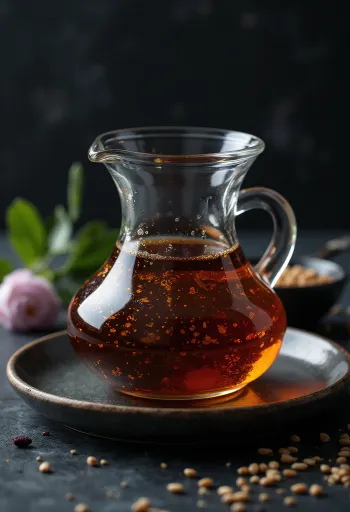 שמן שומשום קלוי בבקבוק זכוכית כהה לצד קערית שומשום