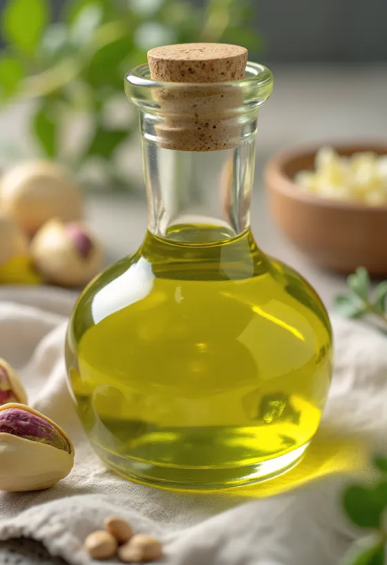 בקבוקון שמן פיסטוק יוקרתי לצד קערית פיסטוקים קלופים