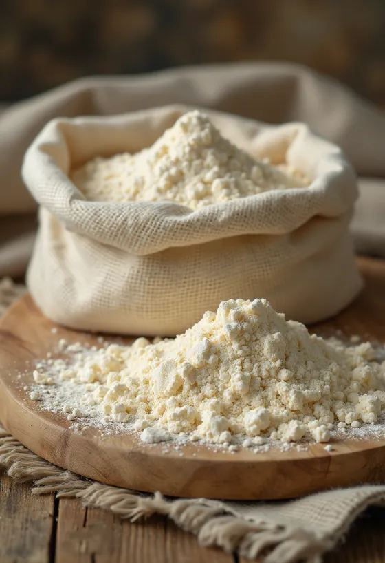 קמח פלנטיין בקערה עם כף עץ ופלנטיין ירוק