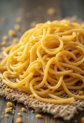 אטריות ראמן יבשות ומסולסלות פרוסות על משטח עץ