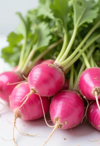 צנוניות טריות אדומות עם עלים ירוקים, פרוסות ושלמות