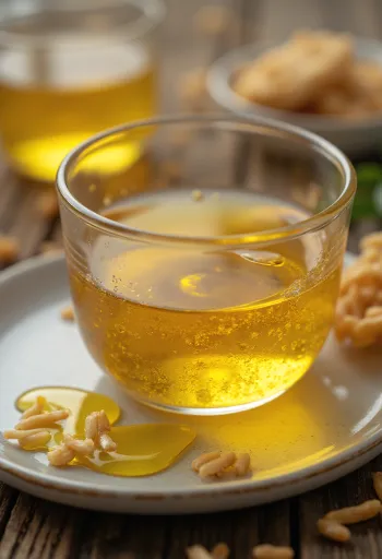 שמן סובין אורז בבקבוק לצד גרגרי אורז וסובין על רקע טבעי