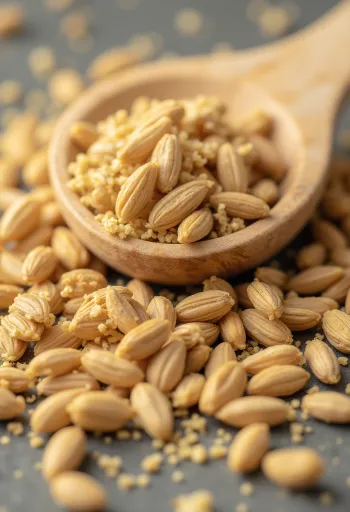 כמון טחון וזרעי כמון שלמים על שולחן עץ