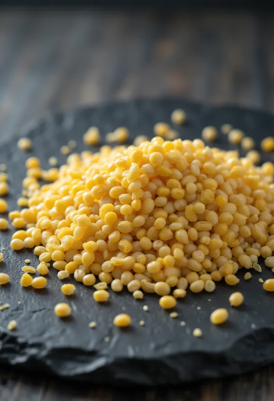 זרעי חרדל צהוב ולבן שלמים מפוזרים על משטח עץ