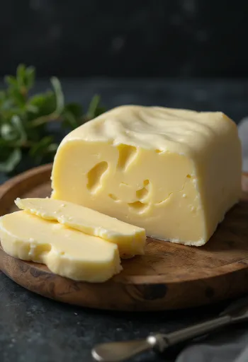 גוש חמאה מותססת צהובה בכלי חרס כפרי