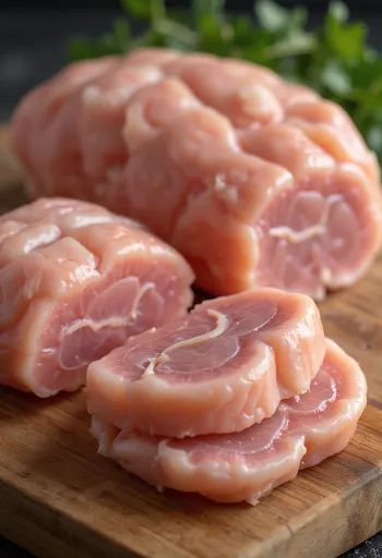 נתחי סייטן פרוסים ומושרים במרינדה על משטח עץ כפרי