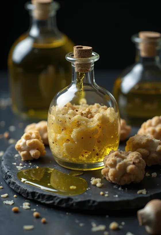 שמן כמהין בבקבוקון מעוצב עם פרוסות כמהין