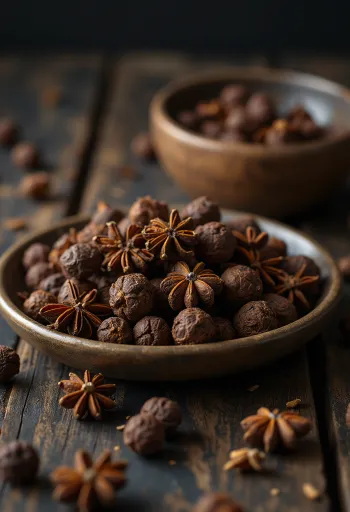 גרגרי פלפל אנגלי שלמים בקערת עץ מפוזרים על משטח