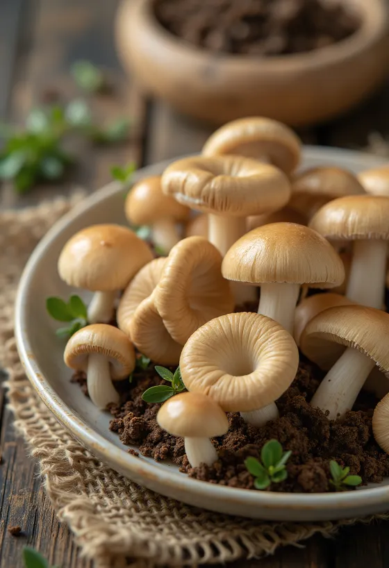 פטריות מוסרון פרוסות עם שום ועשבי תיבול על קרש עץ