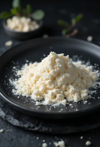 קמח זרעי חרובים בקערית וכף, לצד תרמילי חרובים