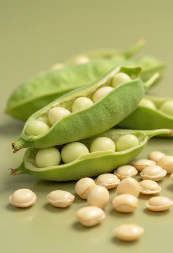 פולי סויה יבשים בקערה ופולי אדממה טריים בתרמילים ירוקים