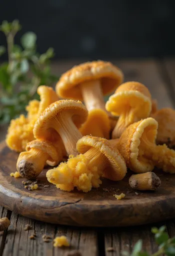 פטריות קטיפה (אנוקי בר) נקיות ופרוסות על קרש חיתוך מעץ